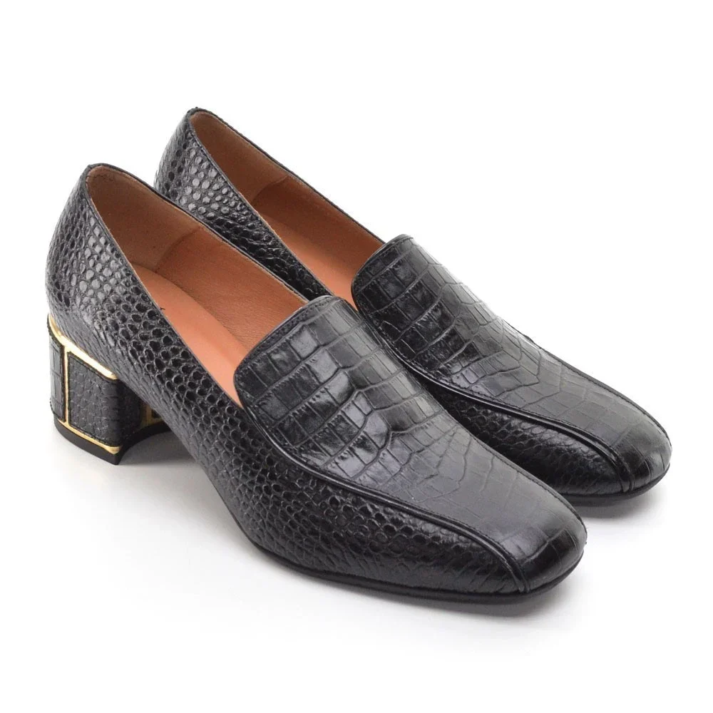 Aquatalia Tianna Black Croc Embossed Heeled Loafers 7 M